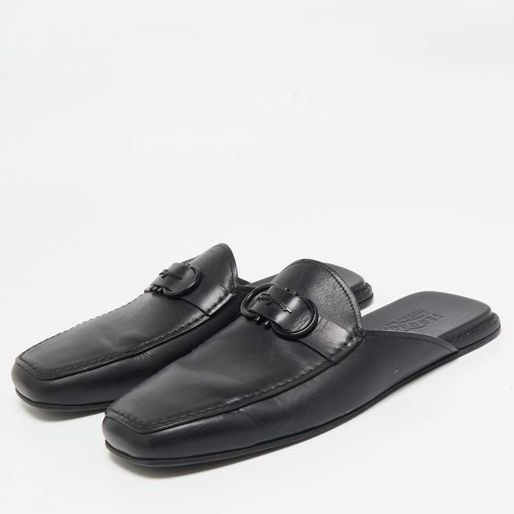 Pre Owned Salvatore Ferragamo Black Leather Gancini Mules Size 44