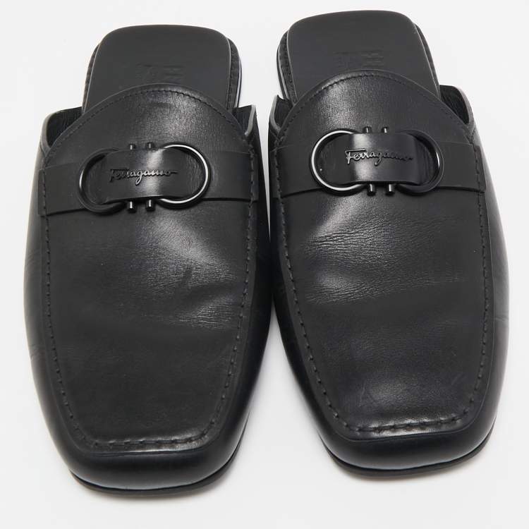Pre Owned Salvatore Ferragamo Black Leather Gancini Mules Size 44