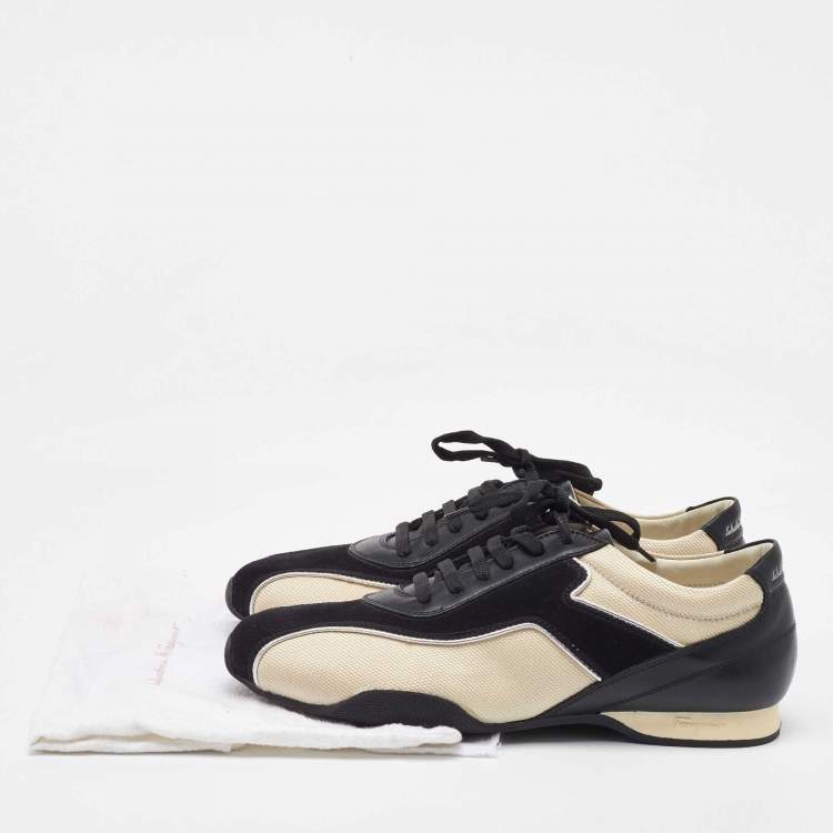 Pre Owned Salvatore Ferragamo Black/Cream Fabric and Leather Low Top Sneakers Size 41.5