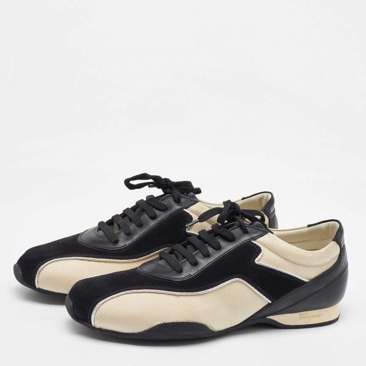 Pre Owned Salvatore Ferragamo Black/Cream Fabric and Leather Low Top Sneakers Size 41.5