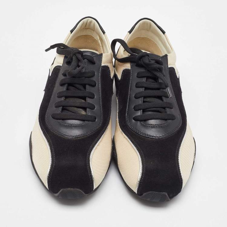 Pre Owned Salvatore Ferragamo Black/Cream Fabric and Leather Low Top Sneakers Size 41.5