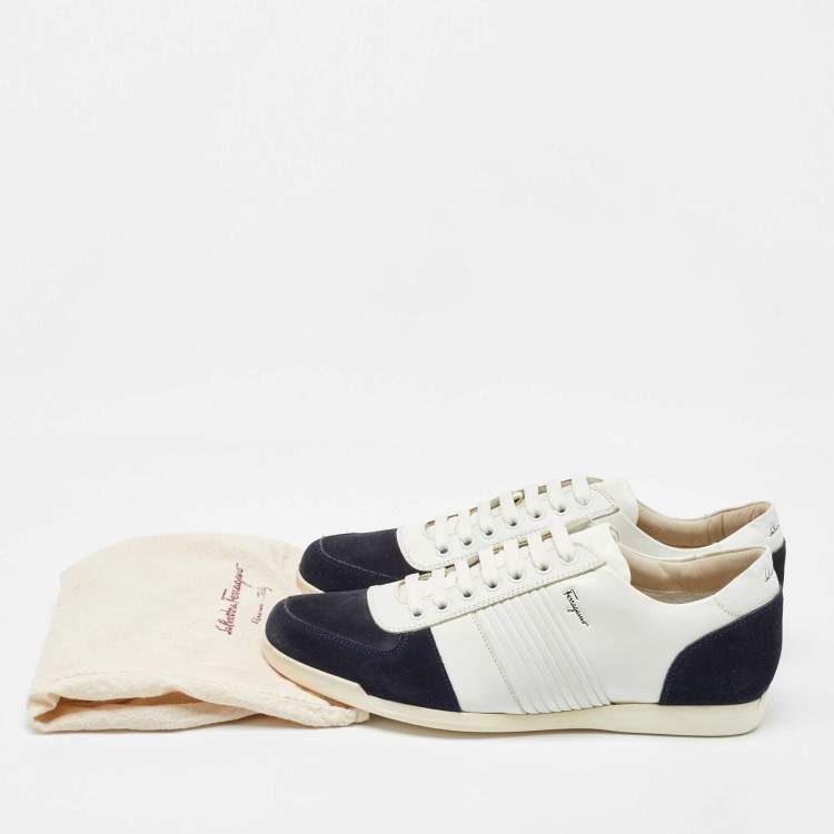 Pre Owned Salvatore Ferragamo White/Navy Blue Leather and Suede Low Top Sneakers Size 41.5