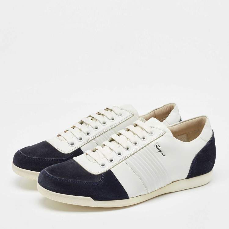 Pre Owned Salvatore Ferragamo White/Navy Blue Leather and Suede Low Top Sneakers Size 41.5