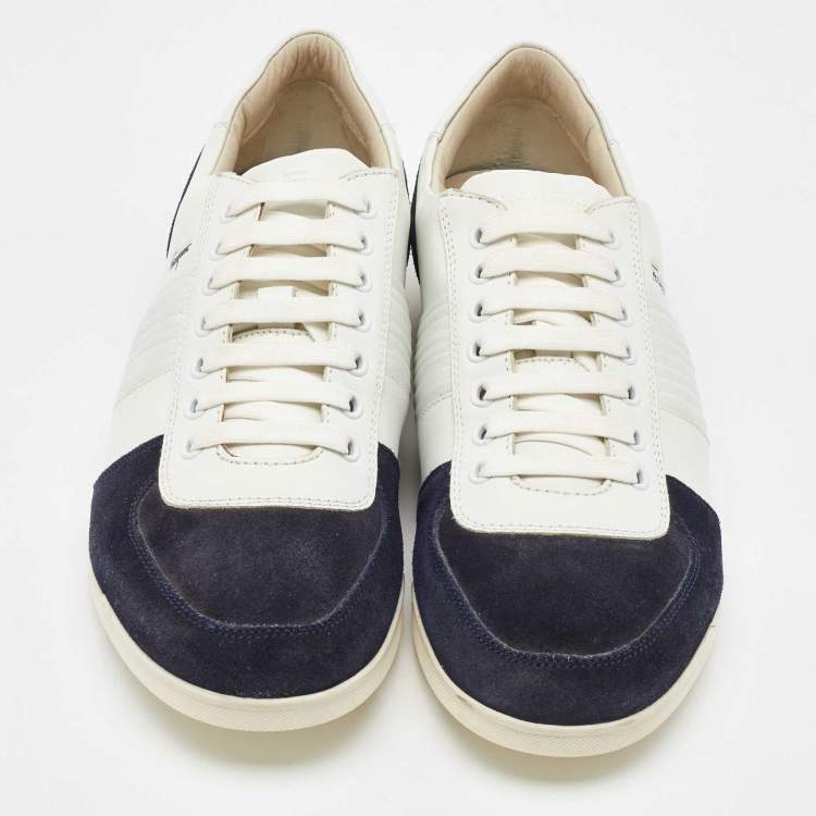 Pre Owned Salvatore Ferragamo White/Navy Blue Leather and Suede Low Top Sneakers Size 41.5