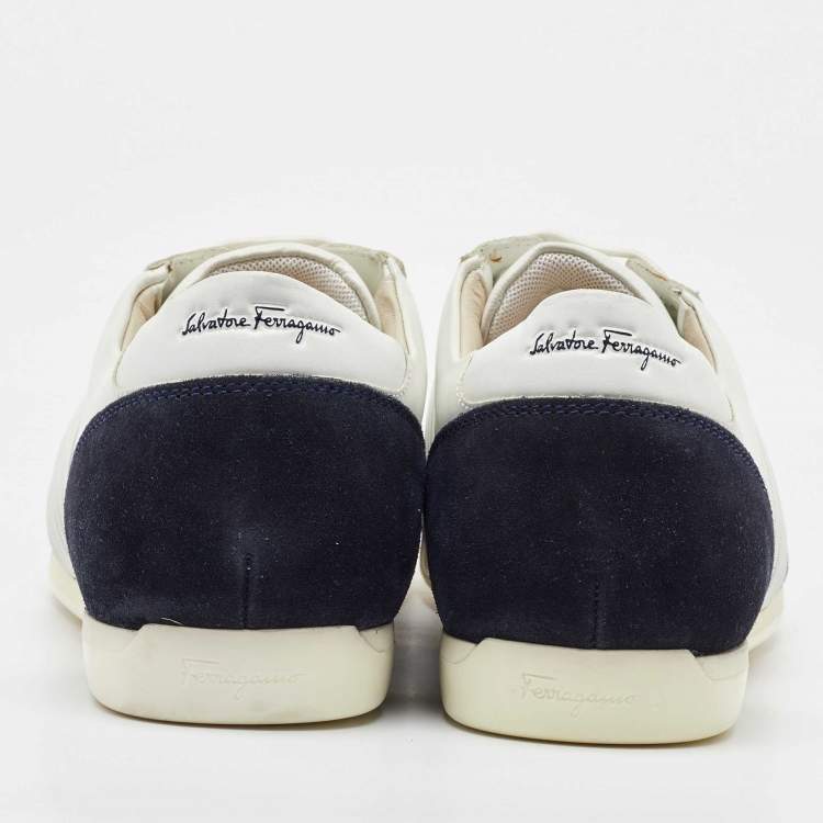 Pre Owned Salvatore Ferragamo White/Navy Blue Leather and Suede Low Top Sneakers Size 41.5