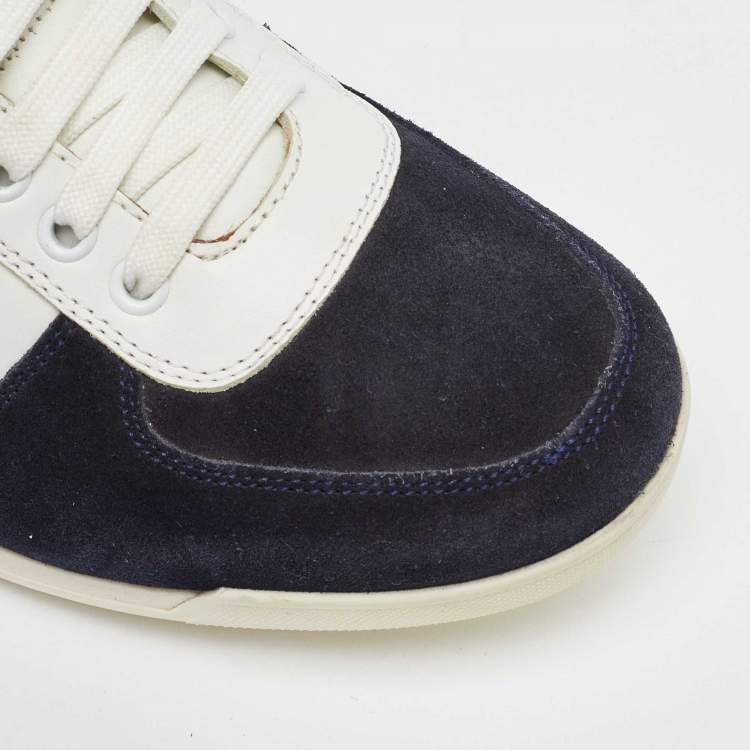 Pre Owned Salvatore Ferragamo White/Navy Blue Leather and Suede Low Top Sneakers Size 41.5