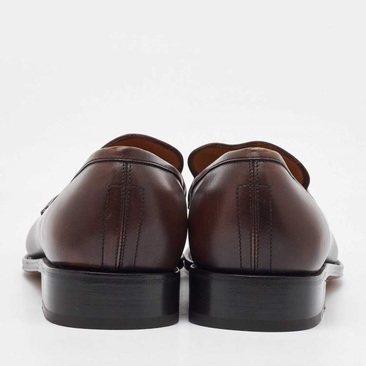 Pre Owned Salvatore Ferragamo Dark Brown Leather Gancini Slip On Loafers Size 41.5