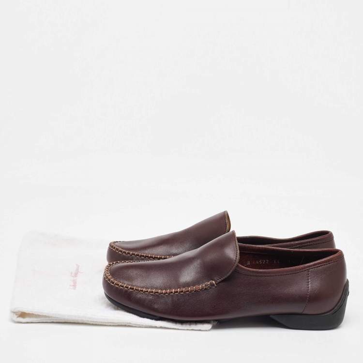 Pre Owned Salvatore Ferragamo Burgundy Leather Slip On Driver Loafers Size 41.5