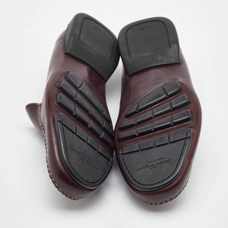 Pre Owned Salvatore Ferragamo Burgundy Leather Slip On Driver Loafers Size 41.5