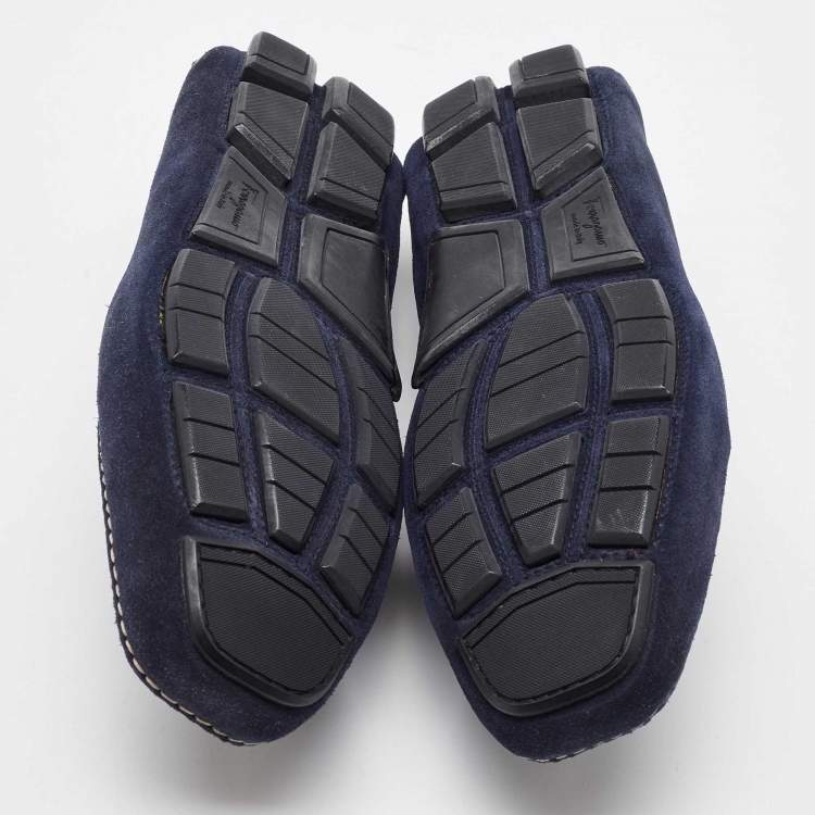 Pre Owned Salvatore Ferragamo Navy Blue Suede Gancini Slip On Loafers Size 41.5