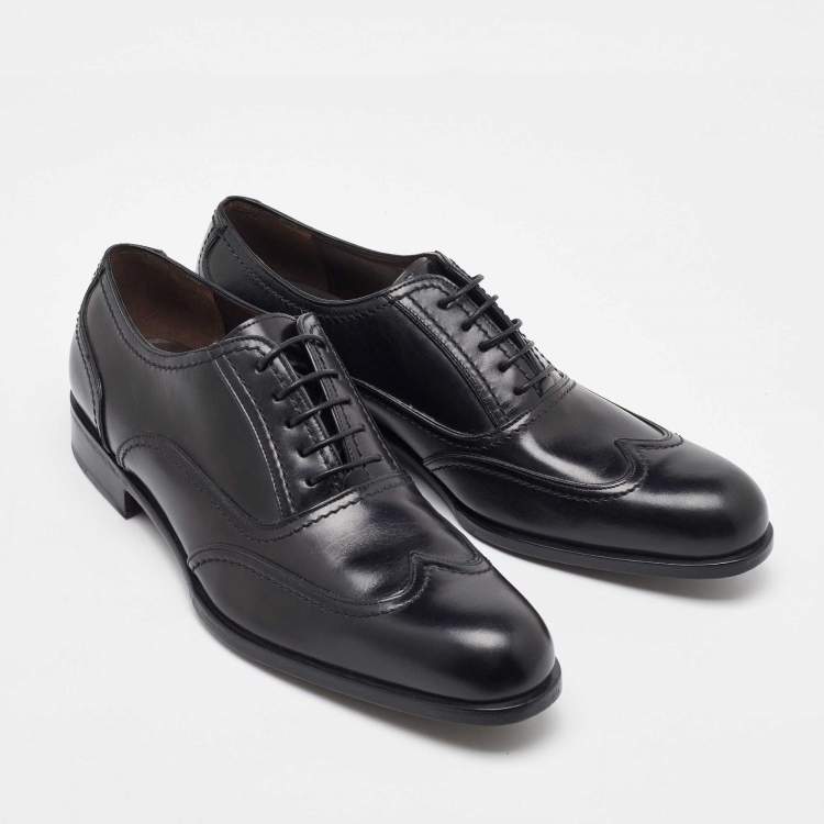 Pre Owned Salvatore Ferragamo Black Leather Lace Up Wingtip Oxfords Size 41.5