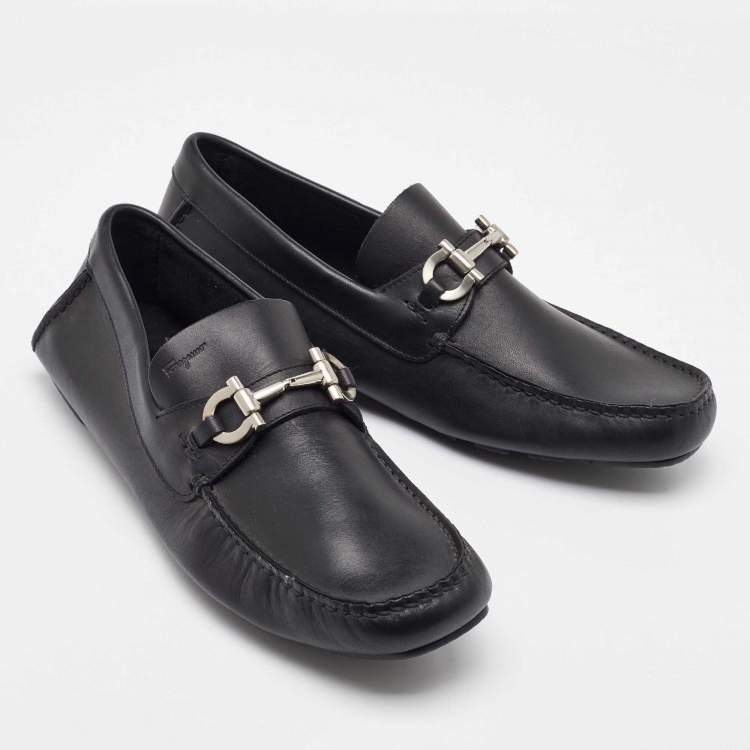 Pre Owned Salvatore Ferragamo Black Leather Slip On Gancini Loafers Size 41.5