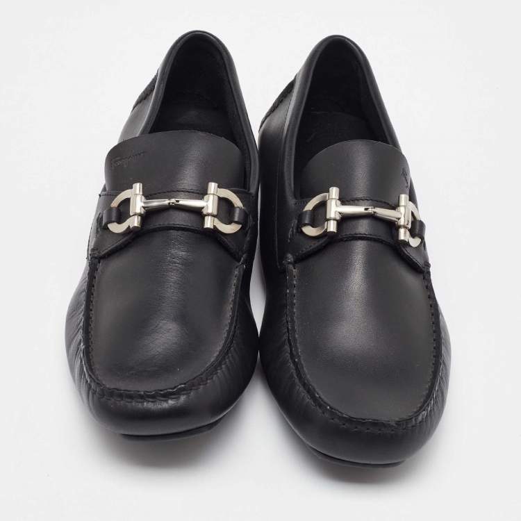 Pre Owned Salvatore Ferragamo Black Leather Slip On Gancini Loafers Size 41.5