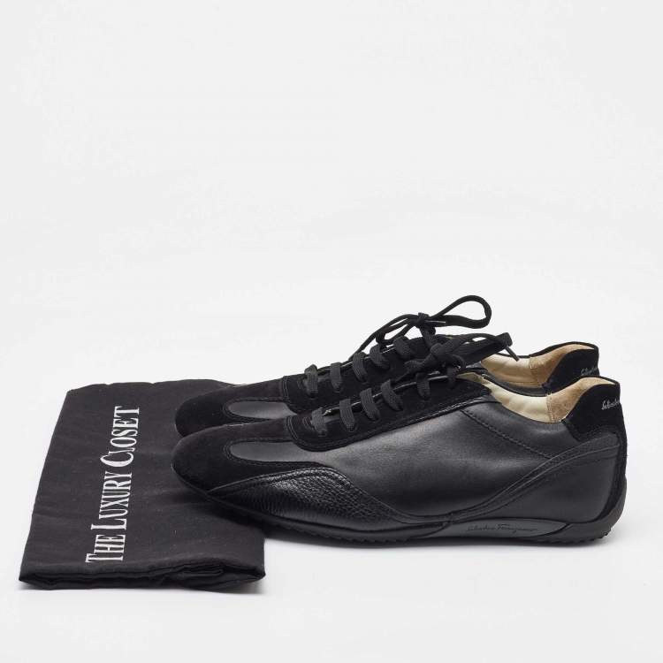 Pre Owned Salvatore Ferragamo Black Leather and Suede Low Top Sneakers Size 41.5