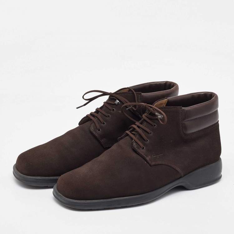 Pre Owned Salvatore Ferragamo Dark Brown Suede Lace Up Mid Sneakers Size 41.5
