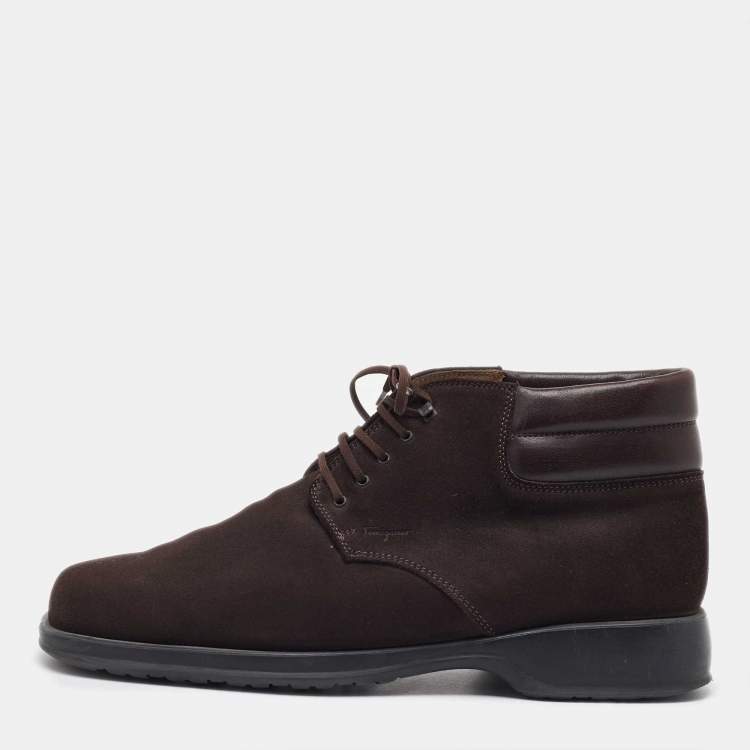 Pre Owned Salvatore Ferragamo Dark Brown Suede Lace Up Mid Sneakers Size 41.5