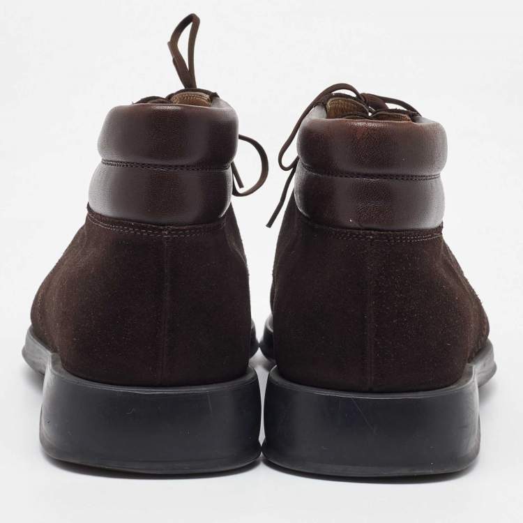 Pre Owned Salvatore Ferragamo Dark Brown Suede Lace Up Mid Sneakers Size 41.5