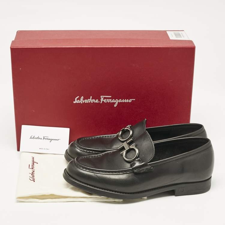 Pre Owned Salvatore Ferragamo Black Leather Double Gancio Loafers Size 39.5