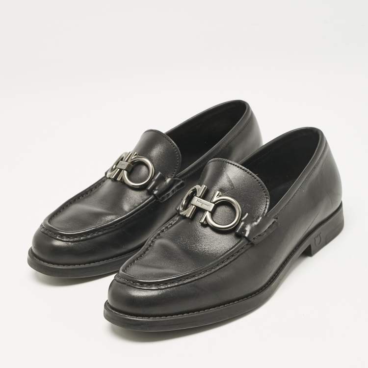 Pre Owned Salvatore Ferragamo Black Leather Double Gancio Loafers Size 39.5