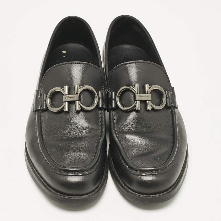 Pre Owned Salvatore Ferragamo Black Leather Double Gancio Loafers Size 39.5