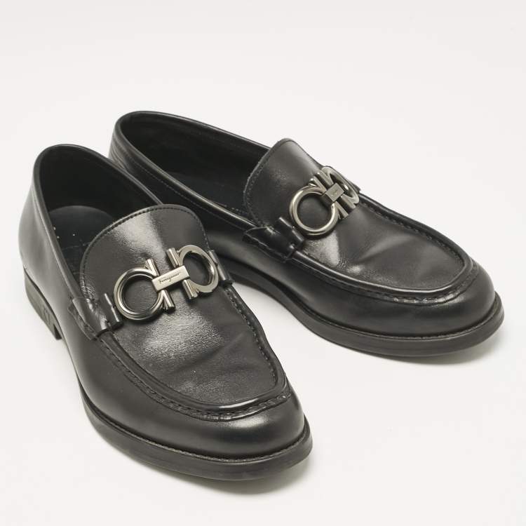 Pre Owned Salvatore Ferragamo Black Leather Double Gancio Loafers Size 39.5