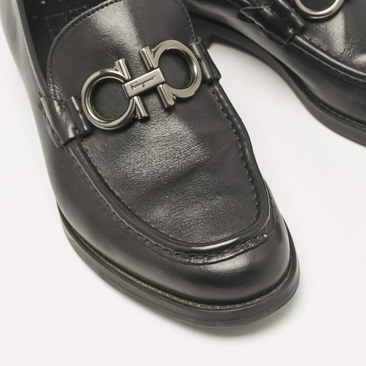 Pre Owned Salvatore Ferragamo Black Leather Double Gancio Loafers Size 39.5