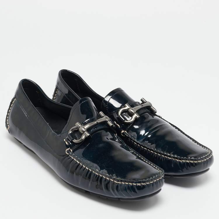 Pre Owned Salvatore Ferragamo Green Patent Leather Gancini Bit Slip On Loafers Size 42.5