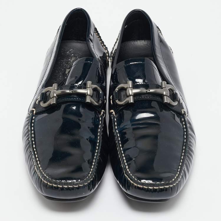 Pre Owned Salvatore Ferragamo Green Patent Leather Gancini Bit Slip On Loafers Size 42.5