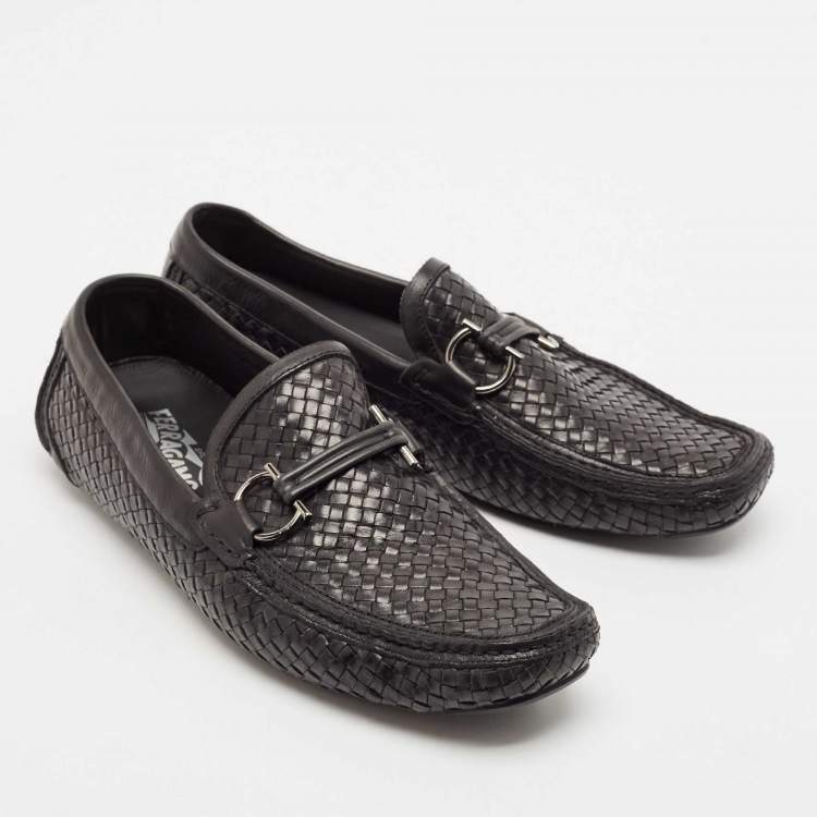 Pre Owned Salvatore Ferragamo Black Woven Leather Parigi Gancio Bit Loafers Size 43