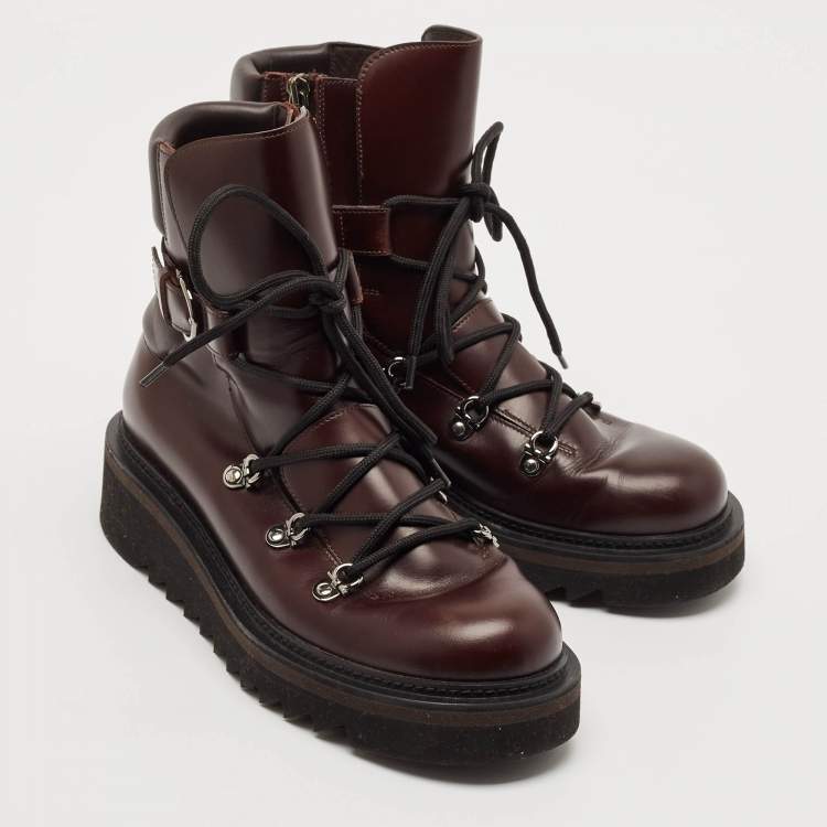 Pre Owned Salvatore Ferragamo Burgundy Leather Ankle Length Boots Size 41.5