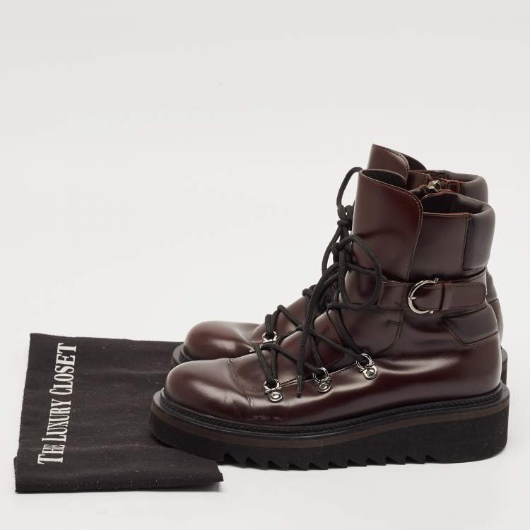 Pre Owned Salvatore Ferragamo Burgundy Leather Ankle Length Boots Size 41.5