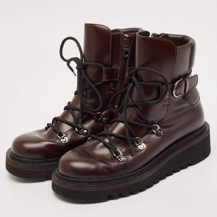 Pre Owned Salvatore Ferragamo Burgundy Leather Ankle Length Boots Size 41.5