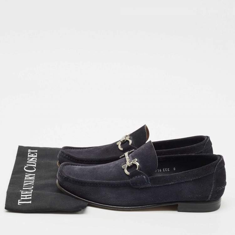 Pre Owned Salvatore Ferragamo Navy Blue Suede Double Gancio Loafers Size 42