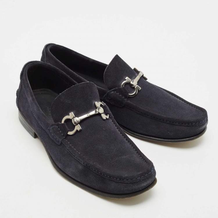 Pre Owned Salvatore Ferragamo Navy Blue Suede Double Gancio Loafers Size 42