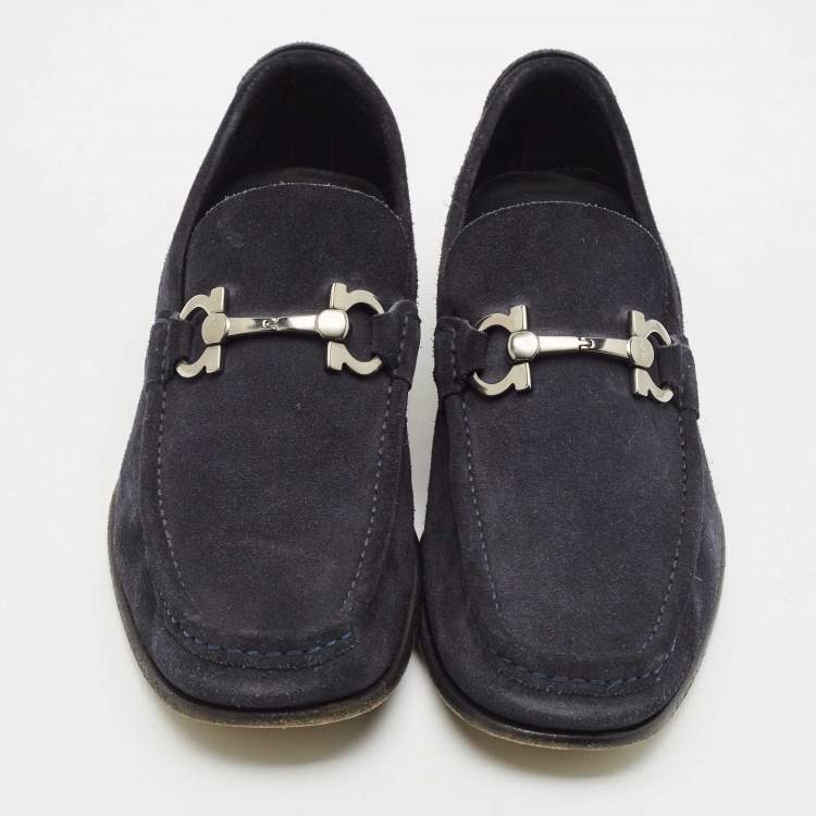 Pre Owned Salvatore Ferragamo Navy Blue Suede Double Gancio Loafers Size 42