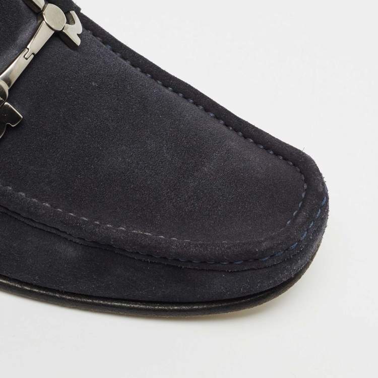 Pre Owned Salvatore Ferragamo Navy Blue Suede Double Gancio Loafers Size 42