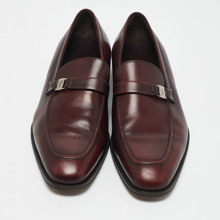 Pre Owned Salvatore Ferragamo Burgundy Leather Slip On Loafers Size 40