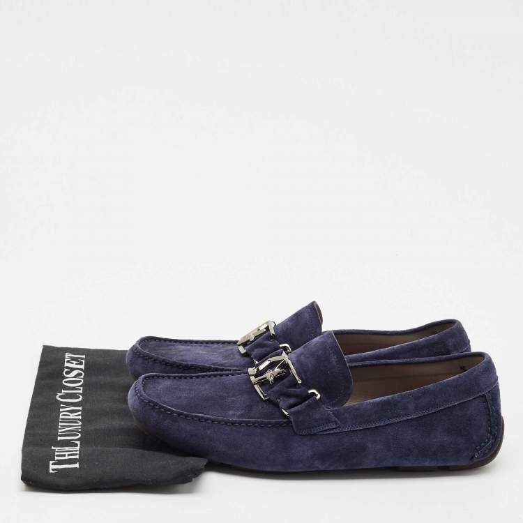 Pre Owned Salvatore Ferragamo Navy Blue Suede Gancini Loafers Size 43