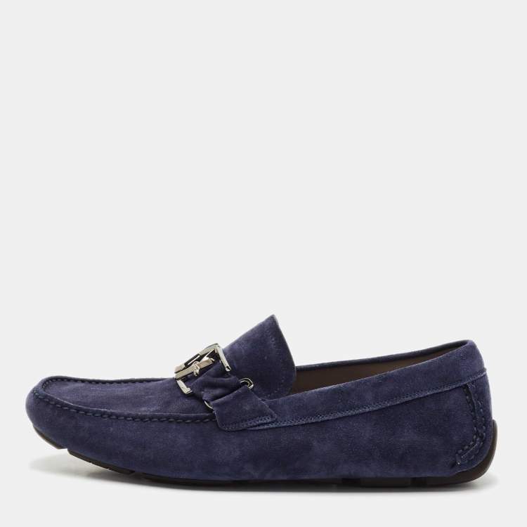 Pre Owned Salvatore Ferragamo Navy Blue Suede Gancini Loafers Size 43