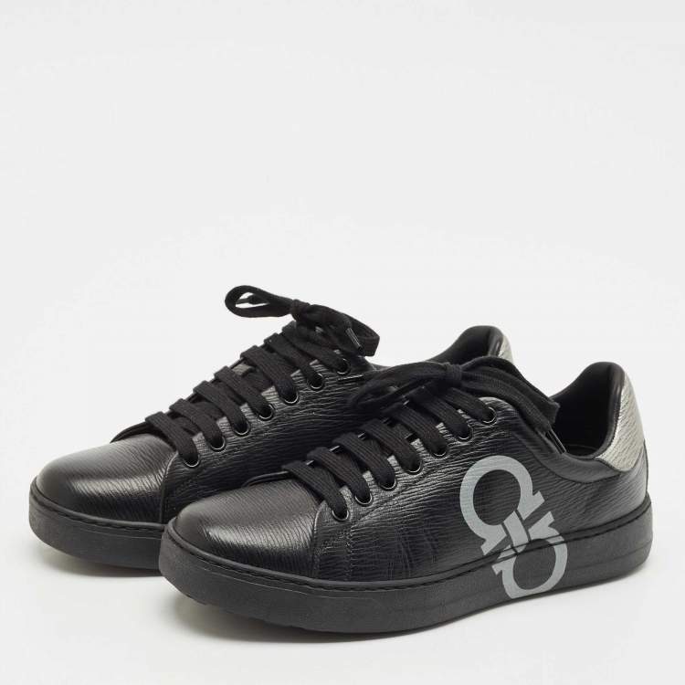 Pre Owned Salvatore Ferragamo Black/Silver Leather Gancini Lace Up Sneakers Size 40