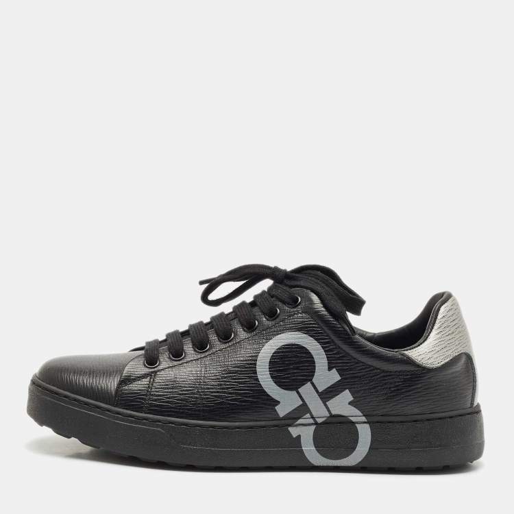 Pre Owned Salvatore Ferragamo Black/Silver Leather Gancini Lace Up Sneakers Size 40
