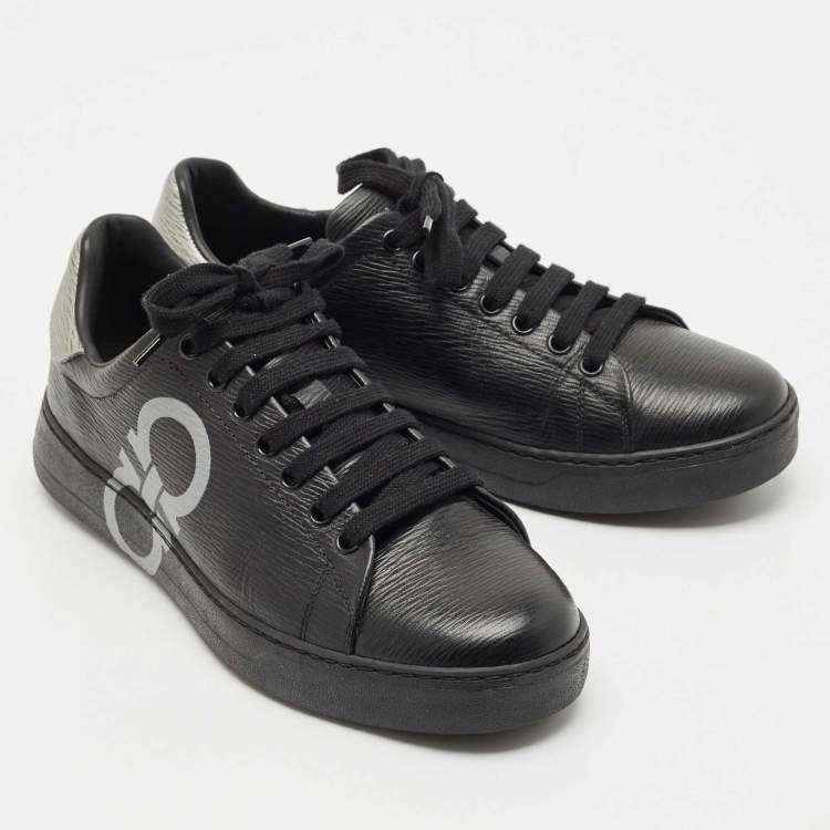 Pre Owned Salvatore Ferragamo Black/Silver Leather Gancini Lace Up Sneakers Size 40