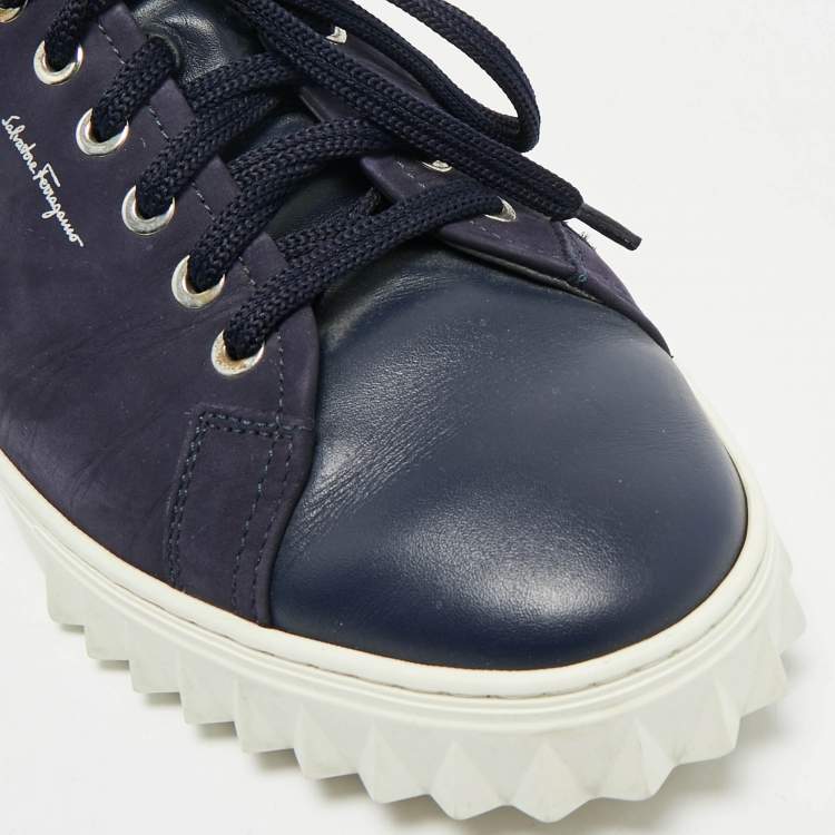 Pre Owned Salvatore Ferragamo Navy Blue Leather and Nubuck Leather  Low Top Sneakers Size 43.5