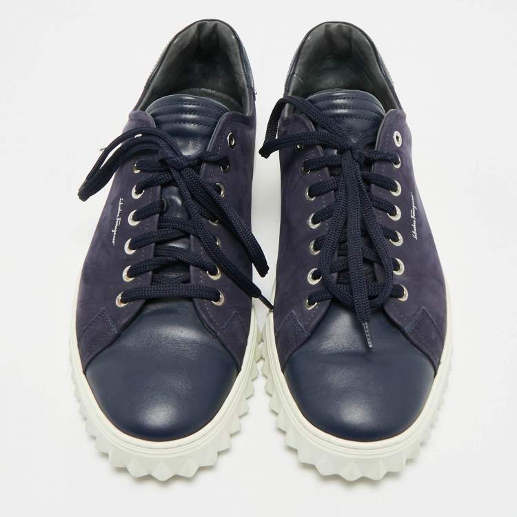 Pre Owned Salvatore Ferragamo Navy Blue Leather and Nubuck Leather  Low Top Sneakers Size 43.5