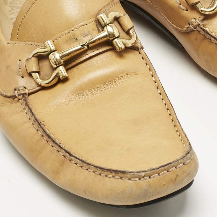 Pre Owned Salvatore Ferragamo Tan Leather Parigi Gancini Driver Loafers Size 43.5