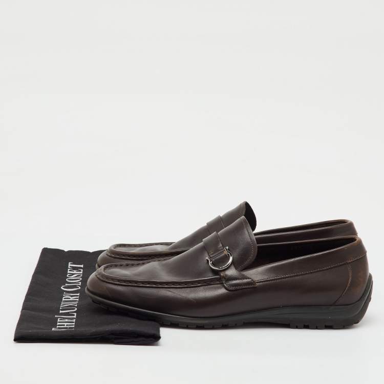 Pre Owned Salvatore Ferragamo Dark Brown Leather Gancio Slip On Loafers Size 43