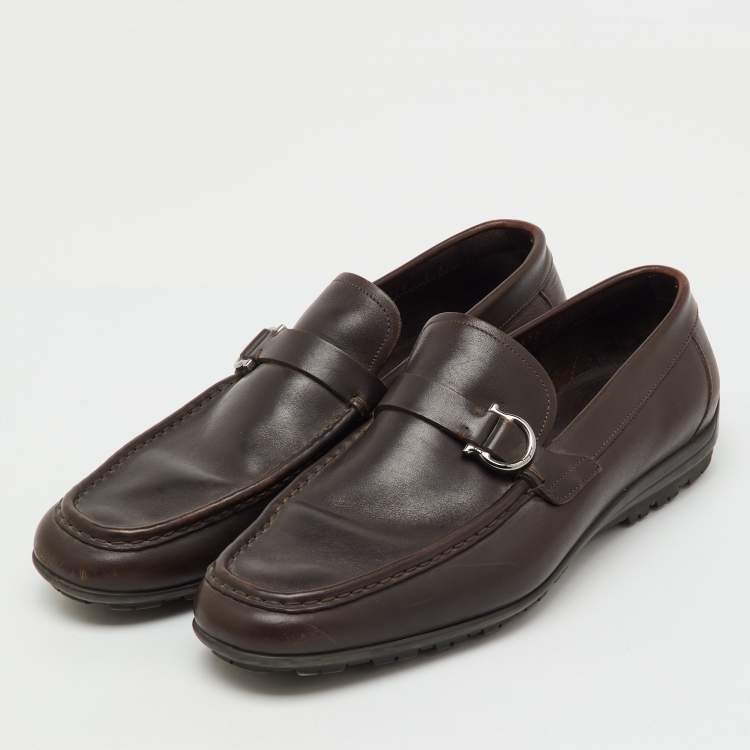 Pre Owned Salvatore Ferragamo Dark Brown Leather Gancio Slip On Loafers Size 43