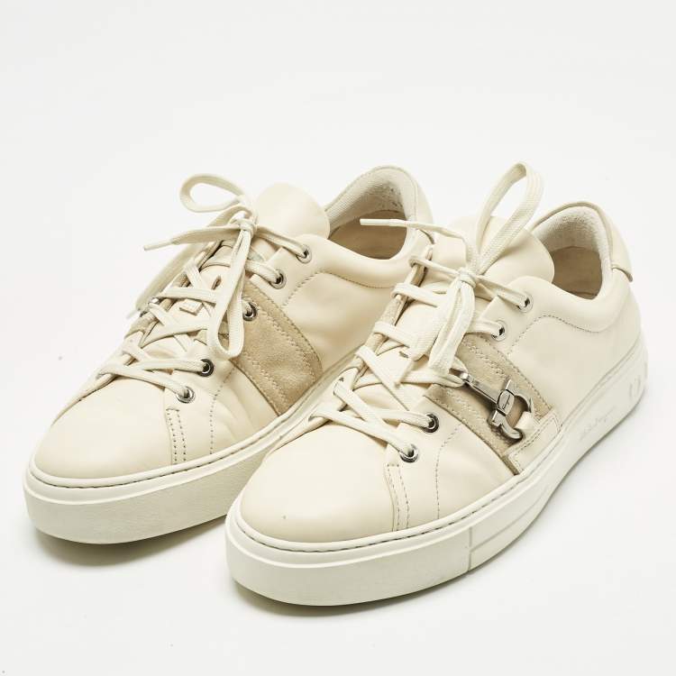 Pre Owned Salvatore Ferragamo Cream Leather and Suede Sultan Low Top Sneakers Size 42.5