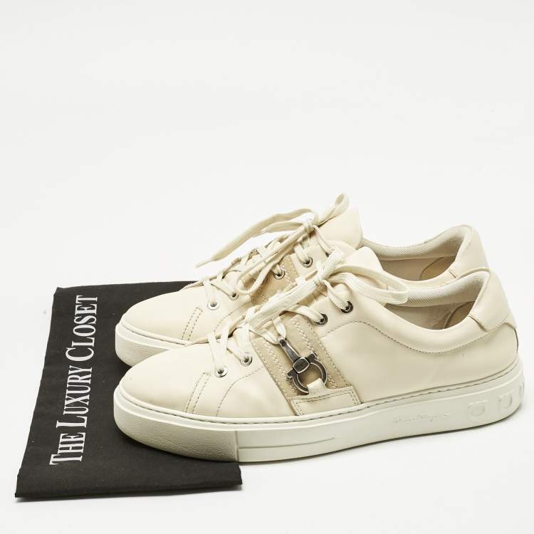 Pre Owned Salvatore Ferragamo Cream Leather and Suede Sultan Low Top Sneakers Size 42.5