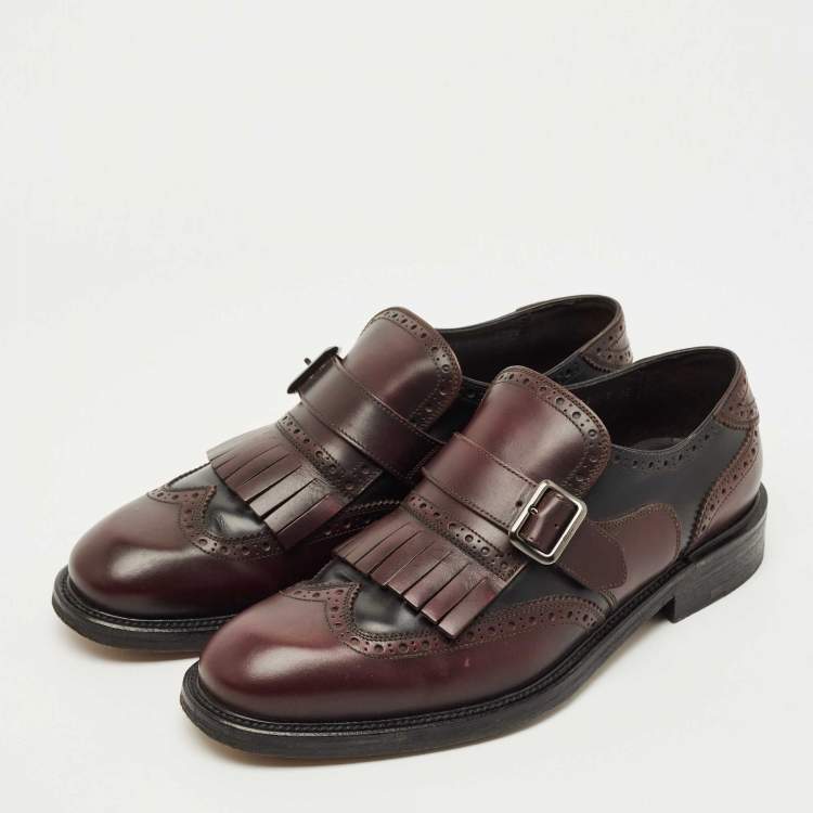 Pre Owned Salvatore Ferragamo Two Tone Brogue Leather Genesis Fringe Detail Wingtip Loafers Size41
